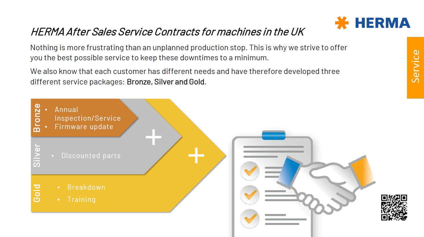 HERMA After-Sales Service contracts for machines in the United Kingdom, including three service packages: Bronze, Silver, and Gold.