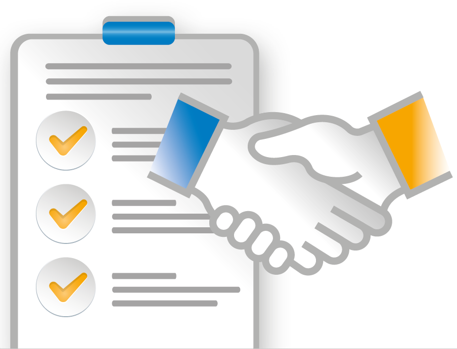 Handshake between two people next to a checklist with three checked items.