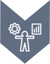 Symbol of a person with a gear and a chart representing growth or progress.