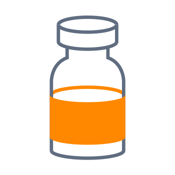 A medication vial with an orange label that contains a clear liquid.