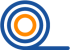 A blue circle with an orange inner circle and a black dot in the centre.
