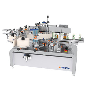 A labelling machine from HERMA with multiple stations for applying labels to bottles or containers.