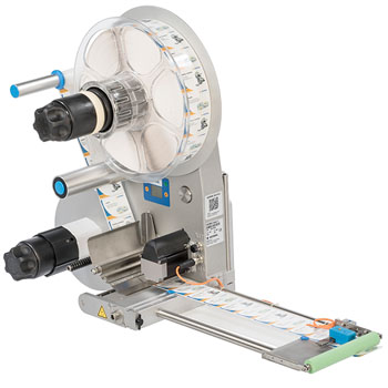 Labelling machine with rollers that applies labels to a conveyor belt surface. Sturdy construction with multiple control elements.