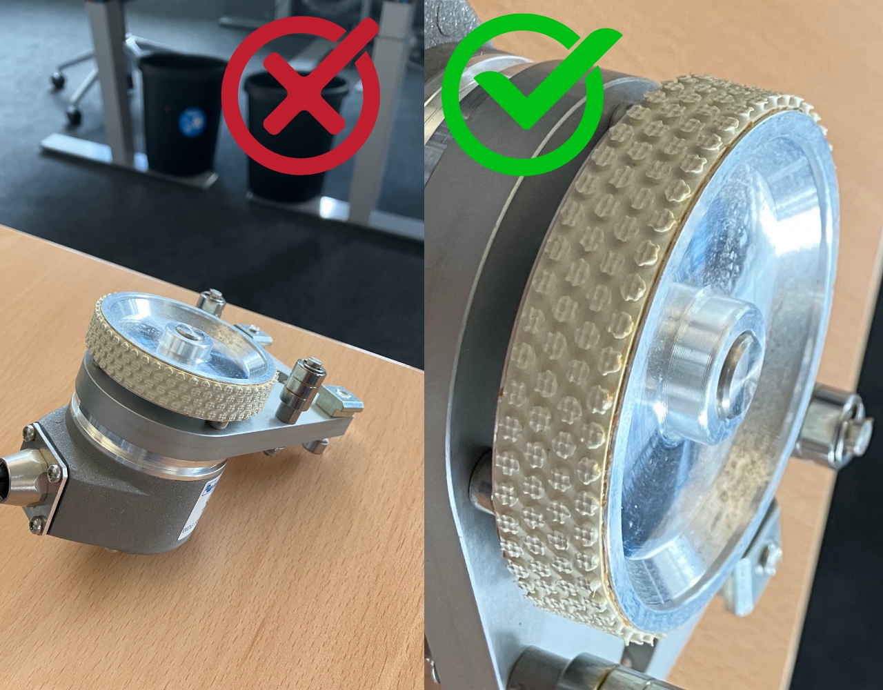 Two views of a mechanical part, one showing correct assembly and the other showing incorrect assembly, with colored markings for distinction.