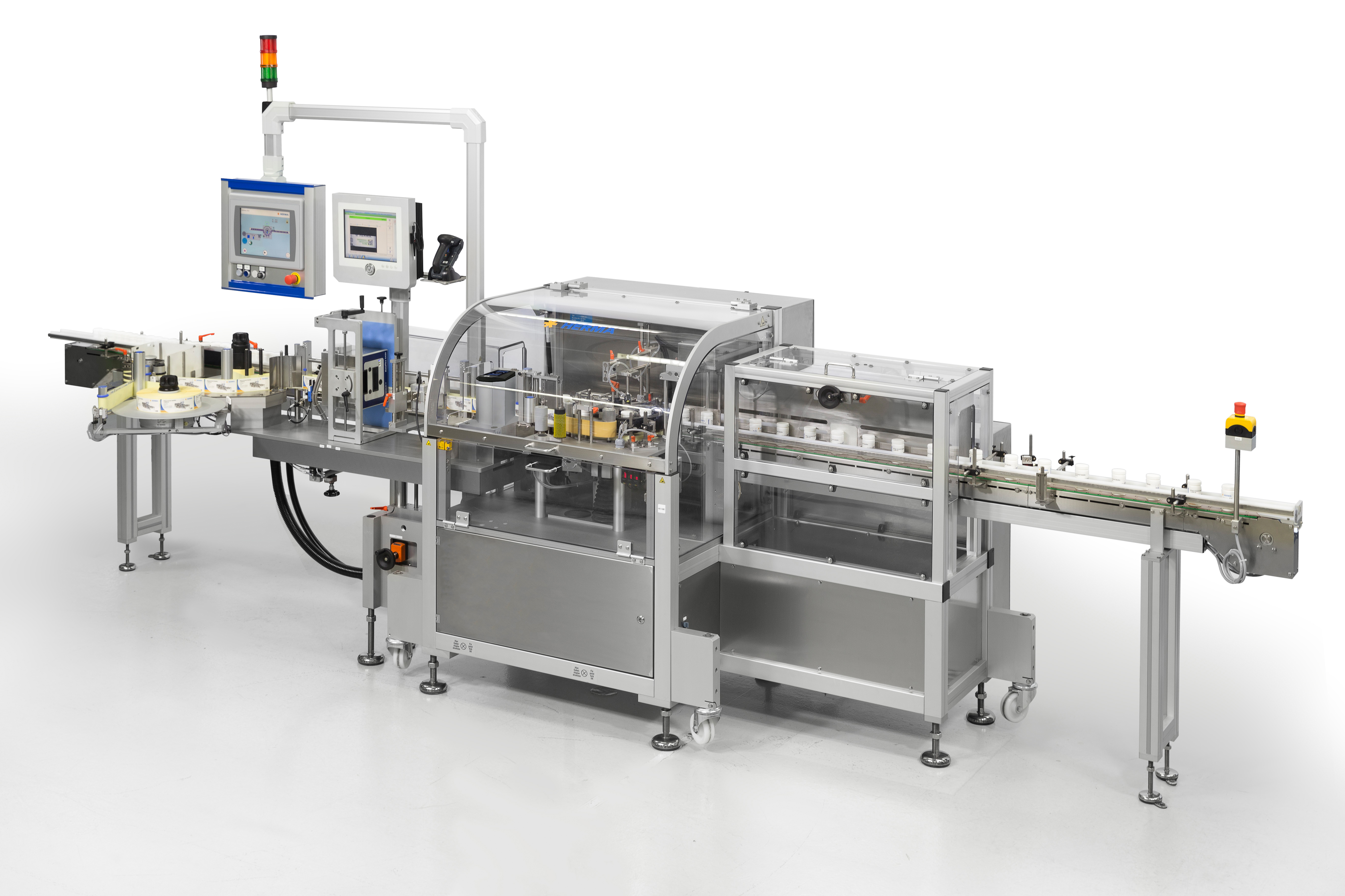 Automated packaging machine with conveyor belt, control unit, and transparent covers for product inspection.