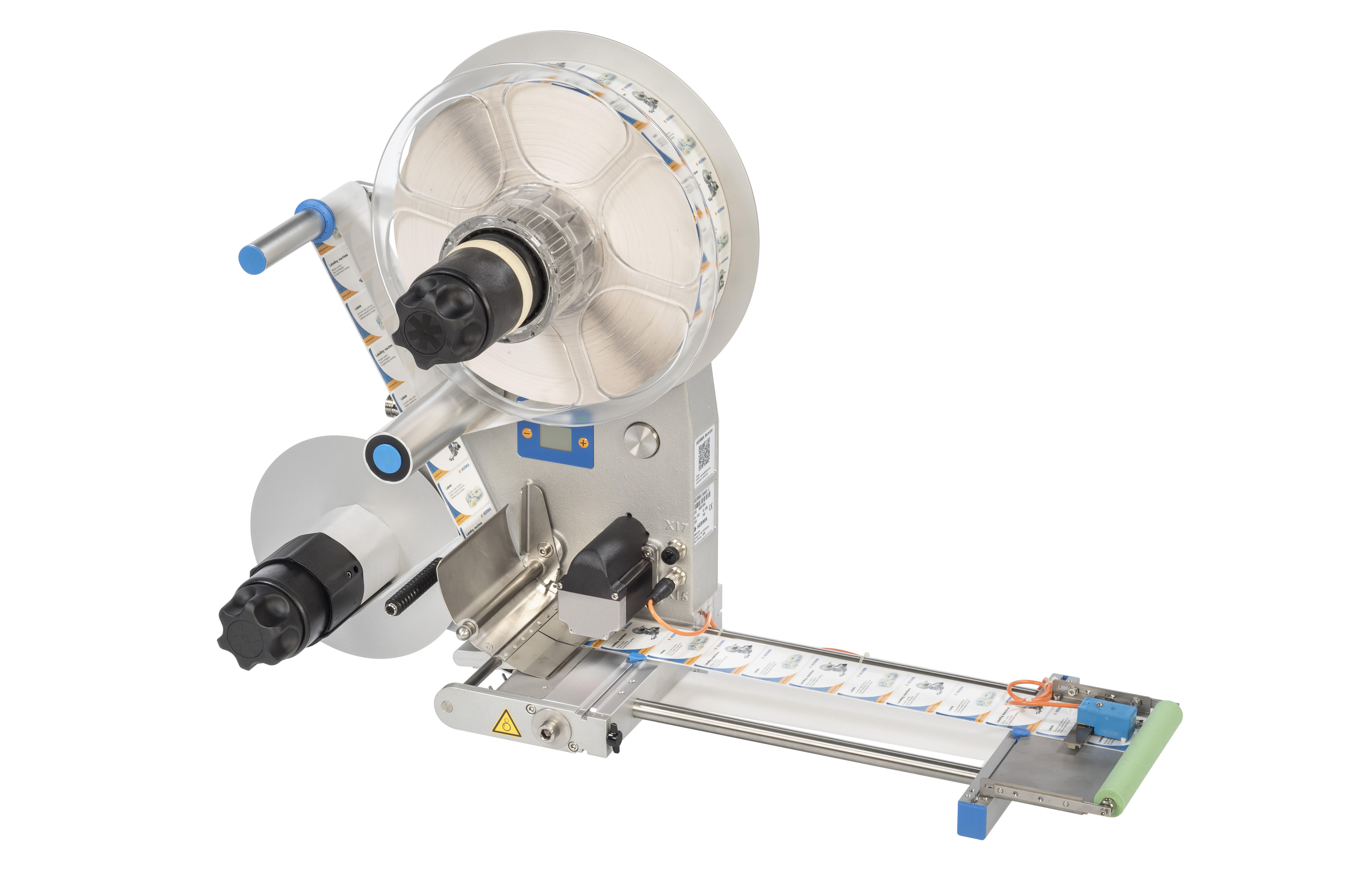 Labelling machine with roll holder, dispenser, and conveyor belt, suitable for applying labels to products.