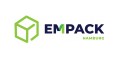Logo of Empack Hamburg, featuring a stylized cube and the inscription 'EMPACK' in blue and green.