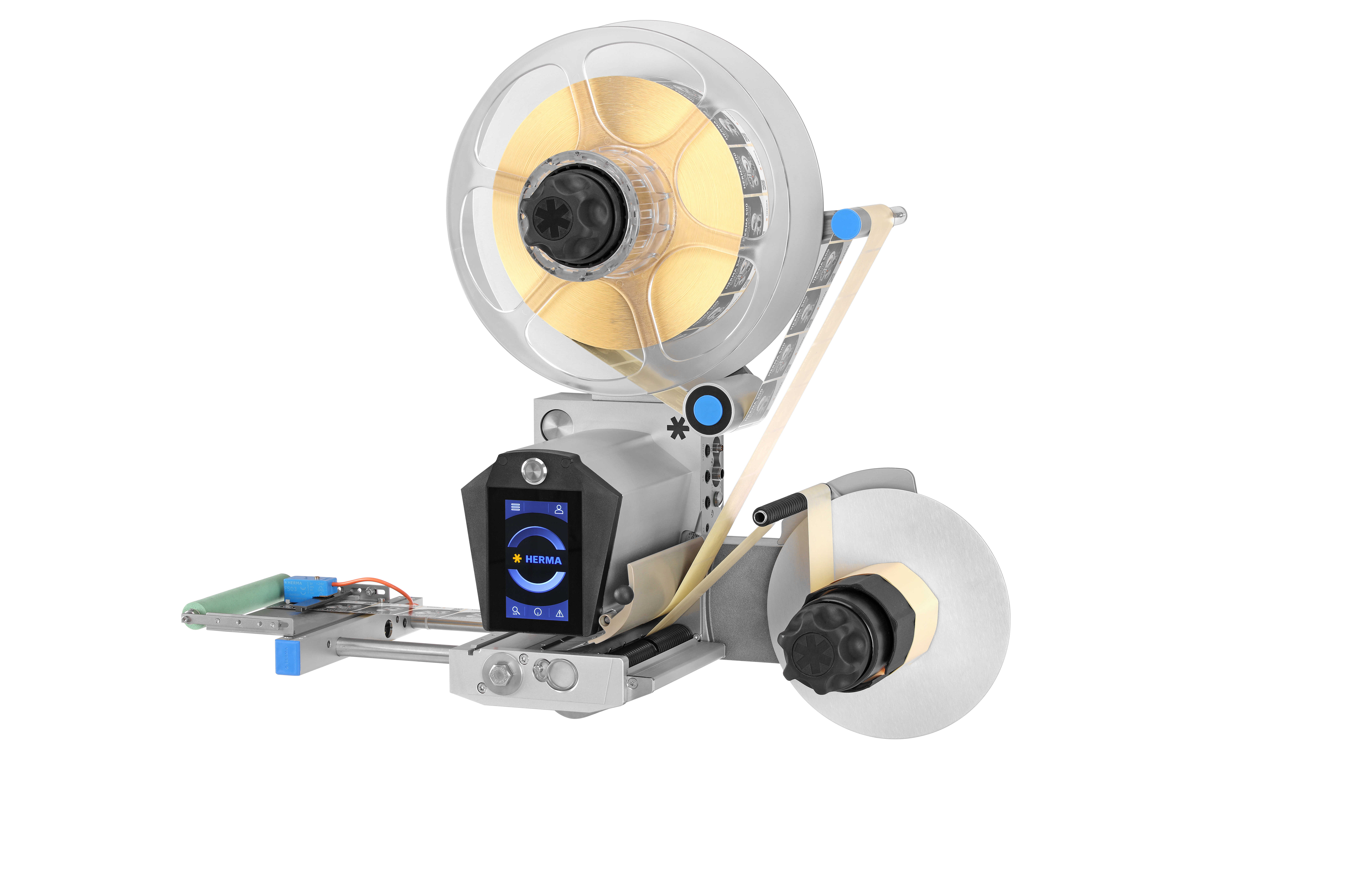 A mechanical device with two coils, a control panel, and a conveyor mechanism designed for processing materials.