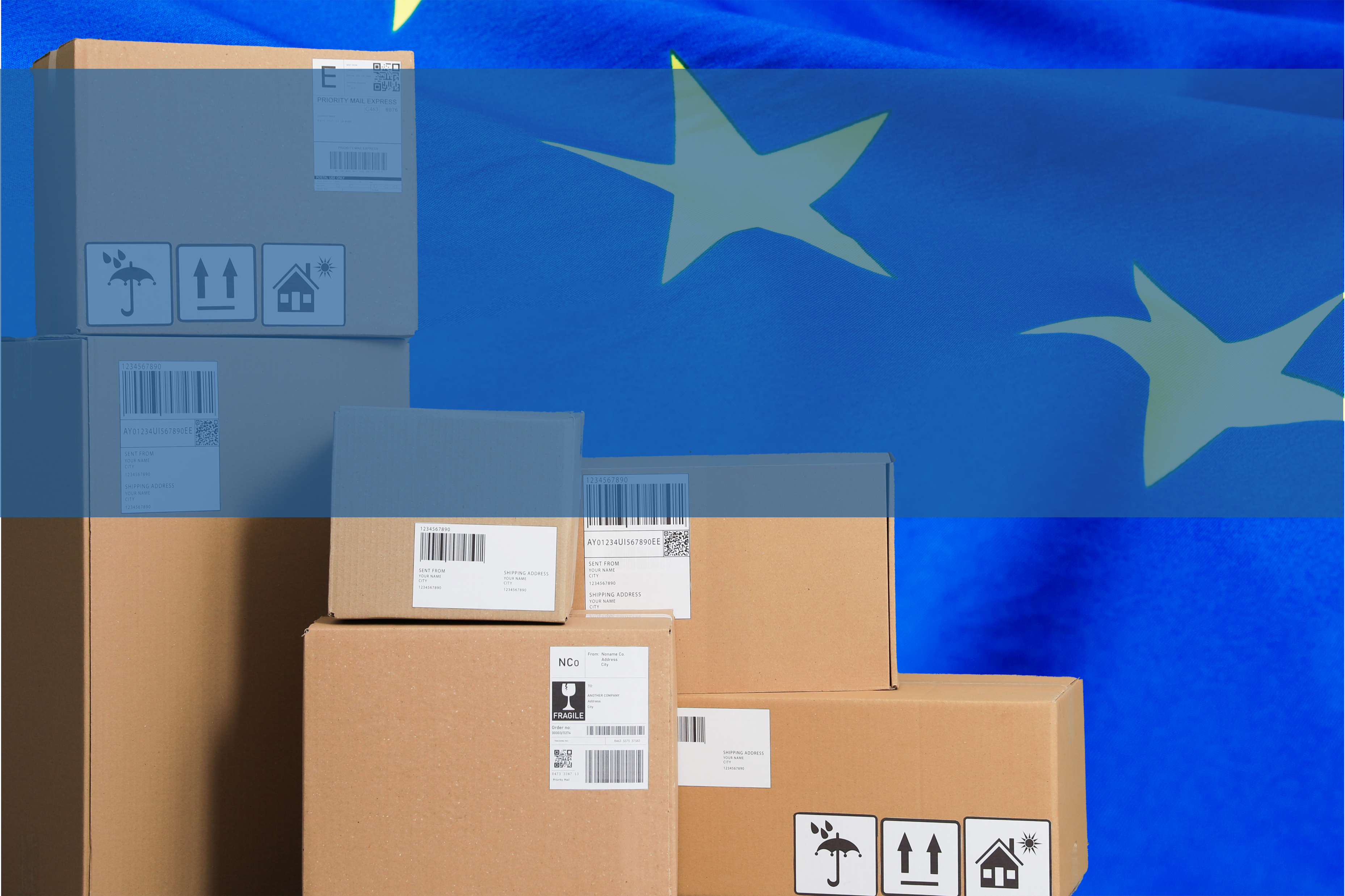 Several boxes with shipping labels, stacked against a backdrop featuring the European Union flag.