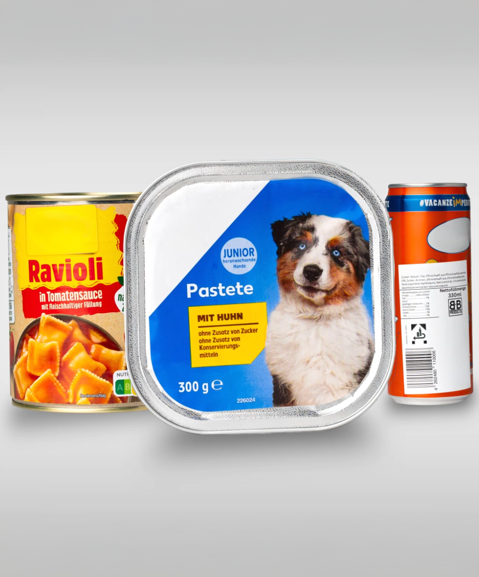 A can of ravioli in tomato sauce, a bowl of dog food with chicken, and a beverage can are arranged side by side.