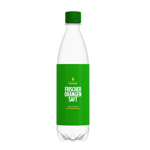 Bottle of fresh orange juice, green labelling, premium quality.