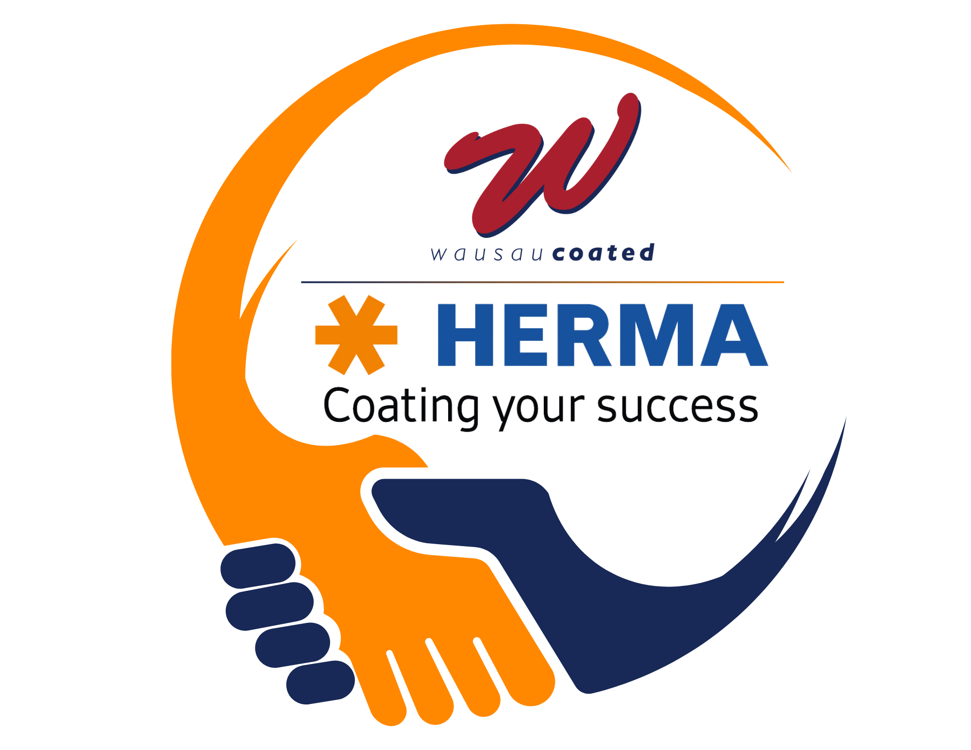 Logo featuring two hands clasping each other, along with the text 'HERMA Coating your success' and the inscription 'wausau coated'.