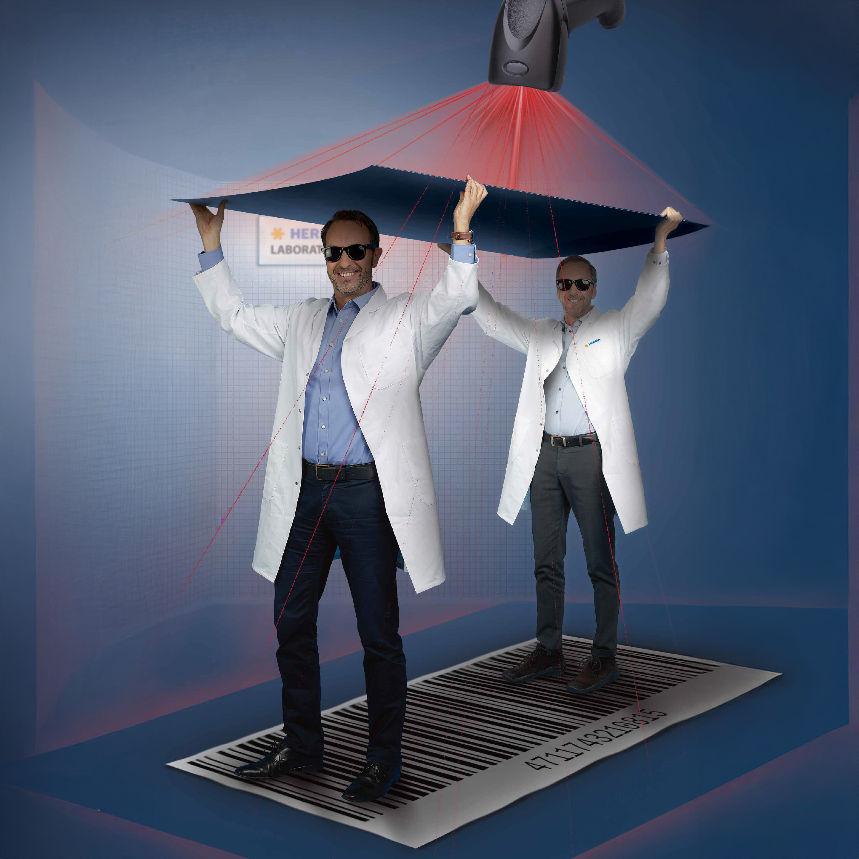Two men in lab coats hold a large plate above a barcode, while red lines extend from the plate.