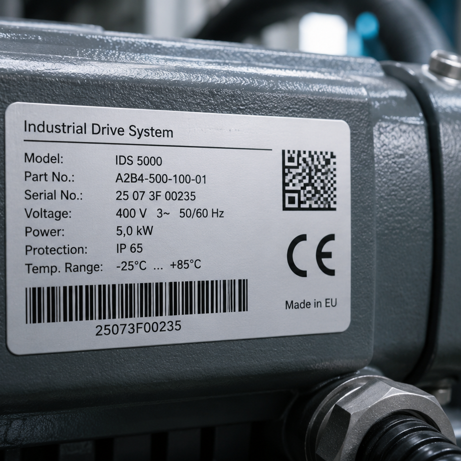 Industrial drive system with model number IDS 5000, voltage 400 V, power 5.0 kW, protection class IP 65, temperature range -25C to +85C.