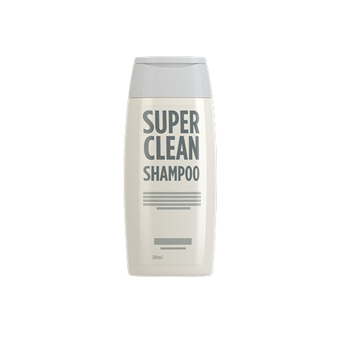 Bottle of shampoo labelled 'SUPER CLEAN SHAMPOO,' containing 300 ml.