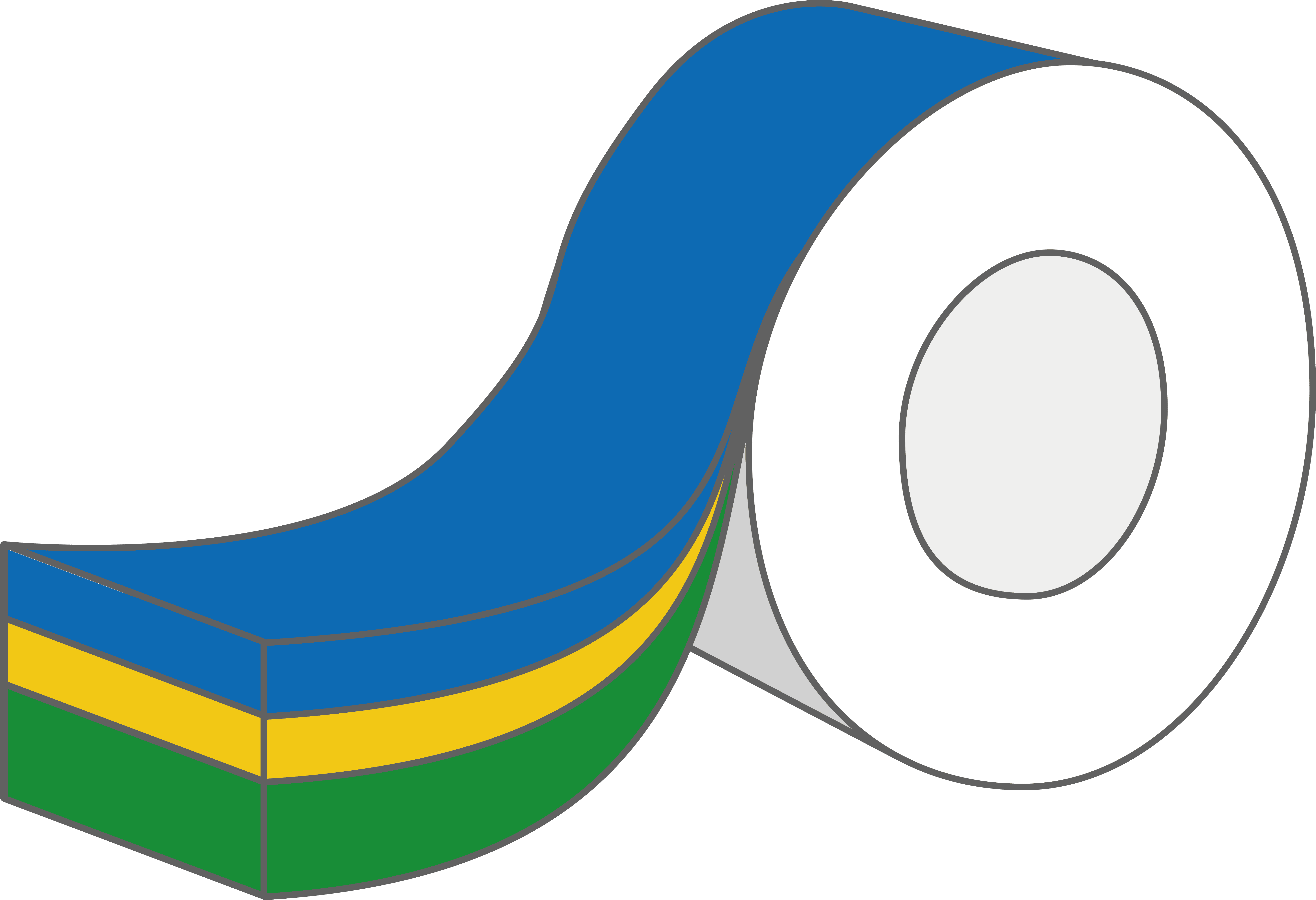Colorful roll of tape with blue, yellow, and green stripes.