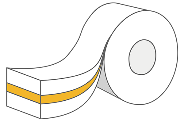 A roll of toilet paper with a yellow line on the surface that indicates the flow of the paper.