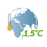 World map with a thermometer showing a temperature of 1.5C, symbolizing the global temperature rise.