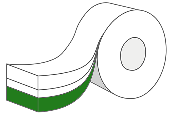 A roll of toilet paper with a green stripe at the bottom, partially unrolled.