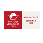 German Packaging Award, Sustainability Category, Winner 2018. Red logo featuring a stylized packaging symbol.