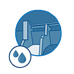 Symbol for water and moisture control, represented by droplets and a schematic depiction of pipes.