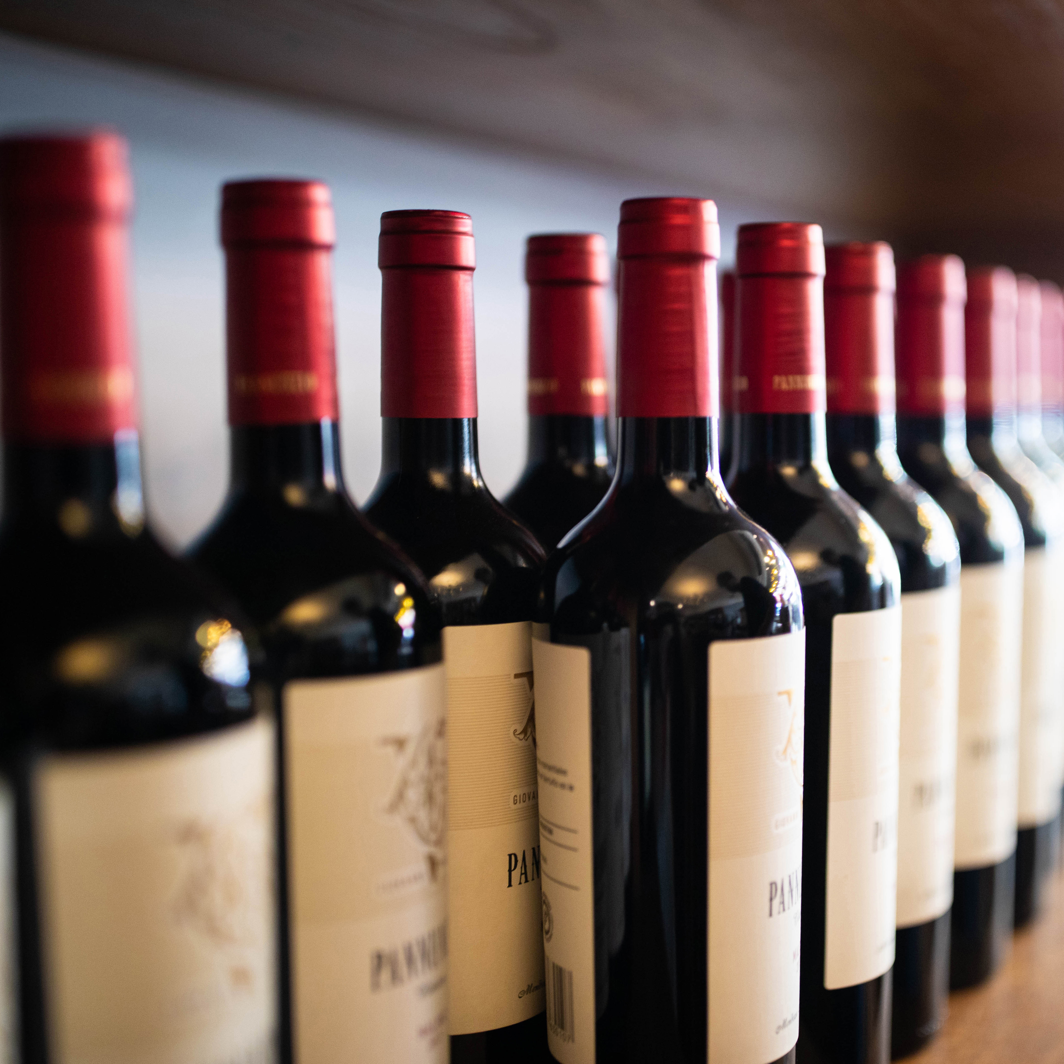 Row of red wine bottles with red caps, labelled and arranged on a shelf.