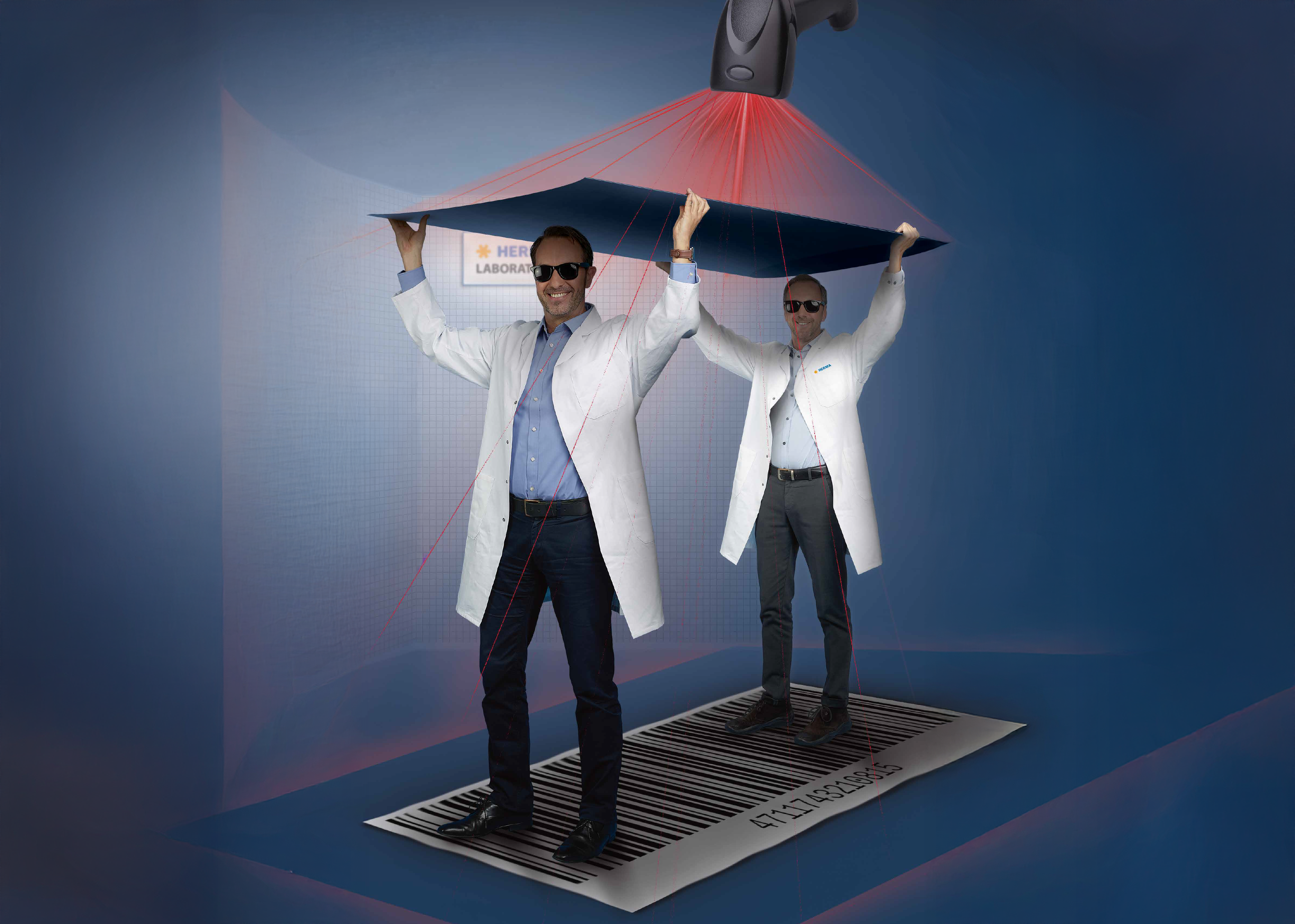 Two men in lab coats are standing on a barcode, holding a large plate above their heads while red laser beams are directed at them.