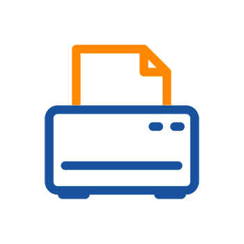 Printer with a sheet of paper sticking out from the top. The colours are orange and blue.