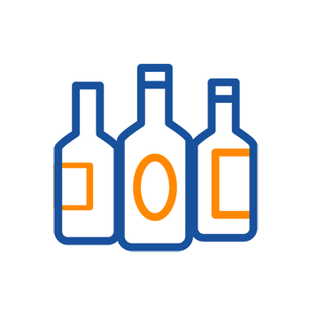 Three stylized bottles in different shapes, surrounded by a blue border and orange accents.