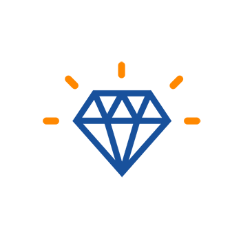 A blue diamond surrounded by orange rays symbolizes value and brilliance.