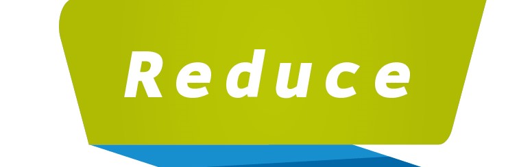 Text in green font: "Reduce". Background in blue and green, geometric shape.