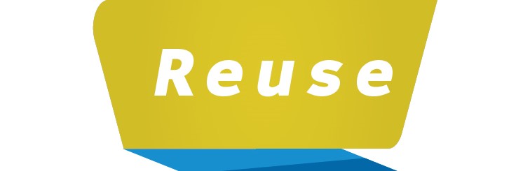 The word 'Reuse' in yellow letters on a blue background, symbolizing recycling and repurposing.