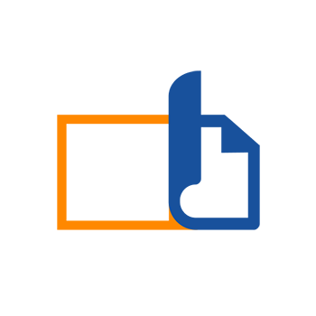 A stylized logo featuring a thumbs-up and a rectangle, in orange and blue.