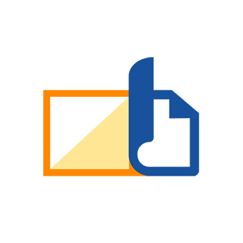 A stylized logo featuring an orange rectangle and a blue thumb pointing at a document.