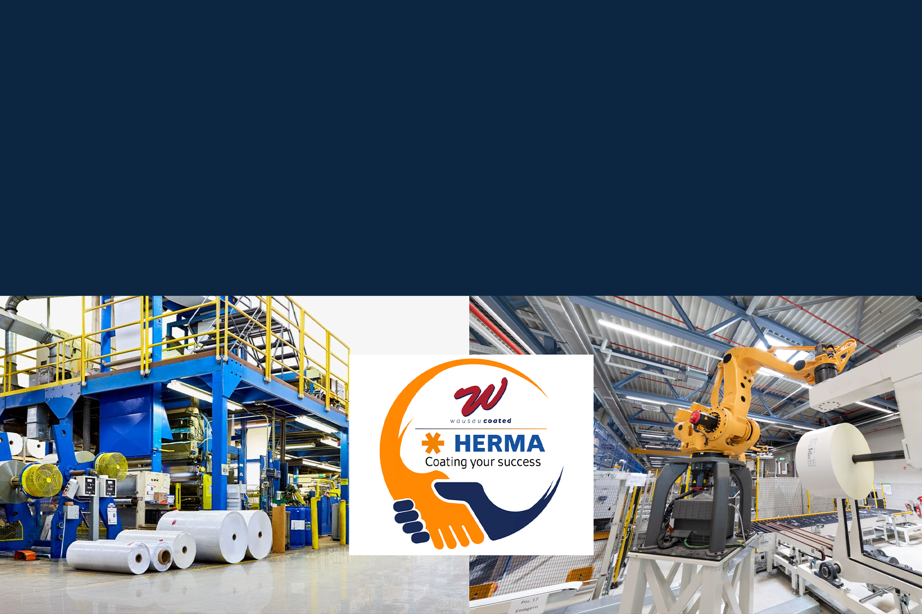 Factory hall with machines for processing materials, including rollers and a robotic arm. HERMA logo with the slogan 'Coating your success.