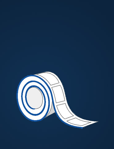 A roll of white labels, spirally wound, against a dark background.