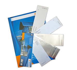 A stack of envelopes and a document folder designed in blue and orange colours.
