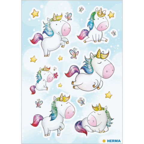 Bunte Einhorn-Sticker in verschiedenen Posen, umgeben von Schmetterlingen und Sternen auf einem hellblauen Hintergrund.