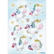 Bunte Einhorn-Sticker in verschiedenen Posen, umgeben von Schmetterlingen und Sternen auf einem hellblauen Hintergrund.
