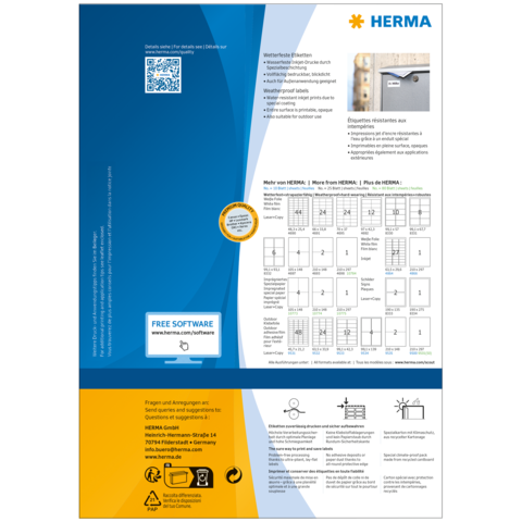 Produktinformation von HERMA mit QR-Code, Anleitungen und Details zu Etiketten und Software. Enthält Tabellen und Symbole für Anwendungen.