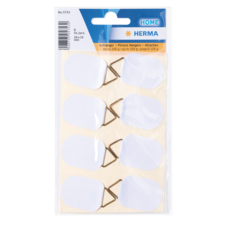 Six white picture hangers with metal clips, packaged in a transparent blister pack.