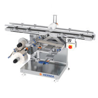 Automatic labelling machine with multiple rolls, control unit, and a sturdy frame. Ideal for industrial applications.