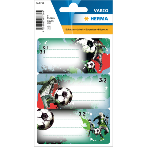 Labels featuring soccer motifs that provide space for notes. Includes three labels with different soccer players and scorelines.