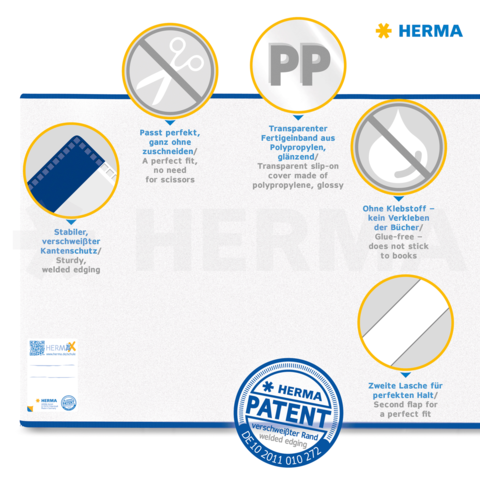 Transparente, glänzende PP-Hülle mit stabilen Kanten, ohne Klebstoff, passend für Dokumente. Zweite Lasche für einfachen Zugriff.