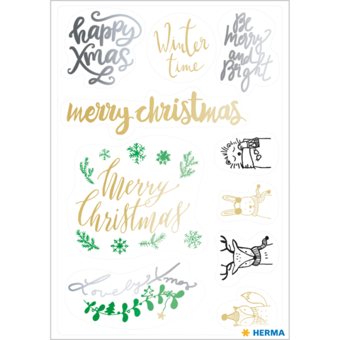 Weihnachtliche Aufkleber mit verschiedenen Designs, darunter "Merry Christmas", Schneeflocken, Tiere und winterliche Motive.