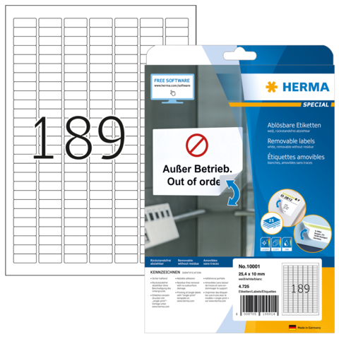 Packung mit ablösbaren Etiketten von Herma, mit der Aufschrift "Außer Betrieb" und der Nummer 189.