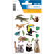 Tieraufkleber mit einem Krokodil, Faultier, Tukan, Chamäleon, Koala, Erdmännchen und verschiedenen Pflanzenmotiven.