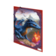 A blue dragon sits on a rock, surrounded by crystals and mountains, with a dramatic sky in the background.