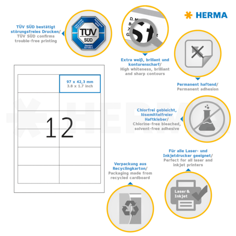 Etiketten mit den Maßen 97 x 42,3 mm, permanent haftend, geeignet für Laser- und Inkjetdrucker, aus recyceltem Karton.