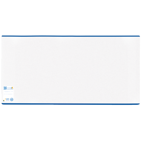 Ein großer, weißer Tisch mit blauen Kanten, geeignet für Präsentationen oder als Schreibfläche.